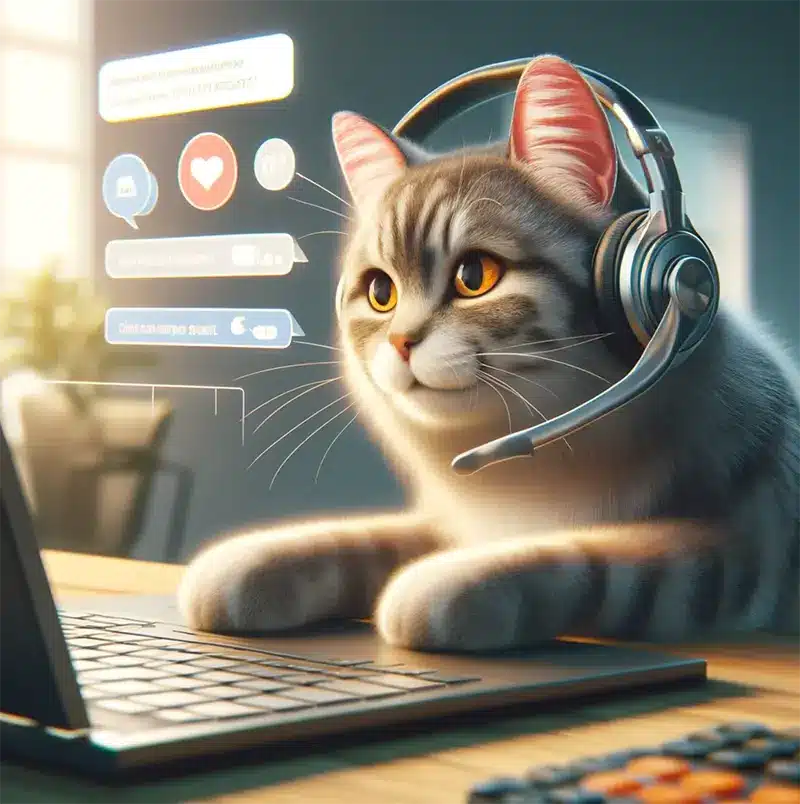 Katze sitzt am Computer und macht Kundensupport